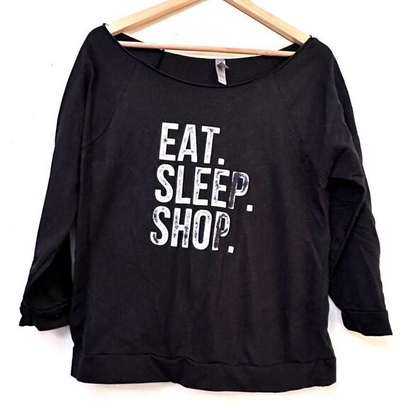 Next Level Apparel Womens Raglan Sleeve Top Pullover EAT SLEEP SHOP Black Large - Picture 1 of 4